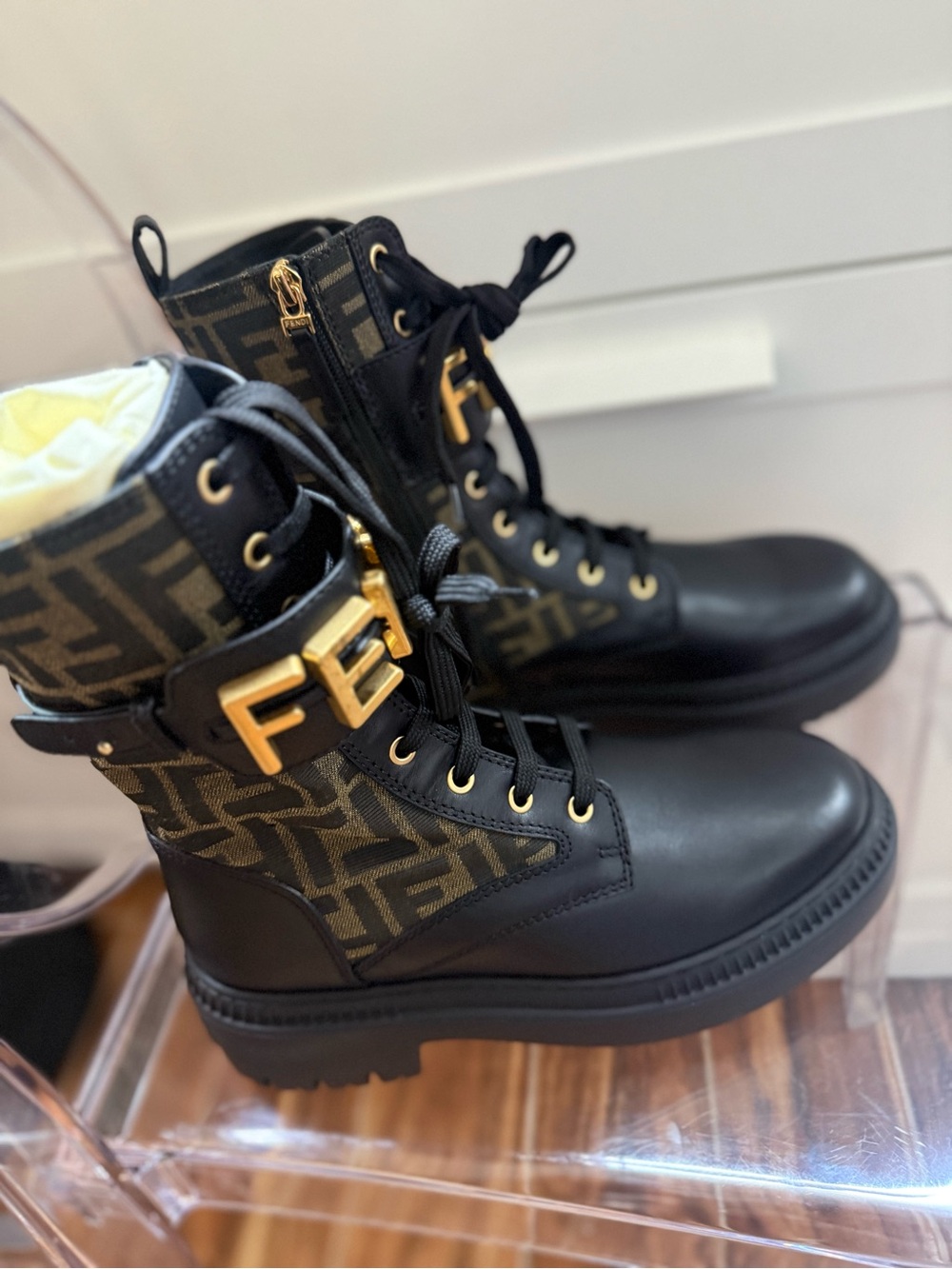 Fendi Black Fendigraphy Biker Boots With Gold Hardware - Picture 2 of 5